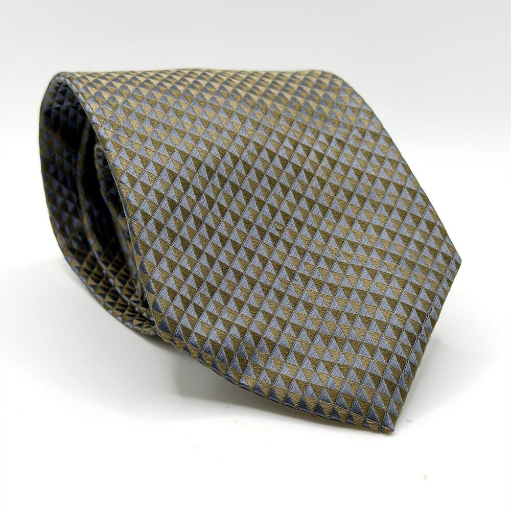 Vintage 90s Villa Bugatti Silk Blue Olive Geometric Necktie